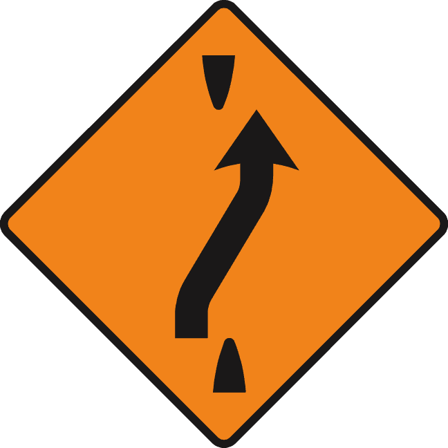 Road sign: Traffic should cross out to the right-hand lane ahead