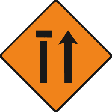 Road sign: Nearside lane of two closed