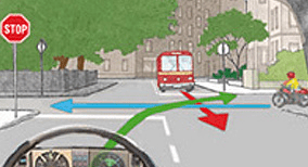 Driving theory illustration: The driver intends to turn right at this junction - what should the driver do