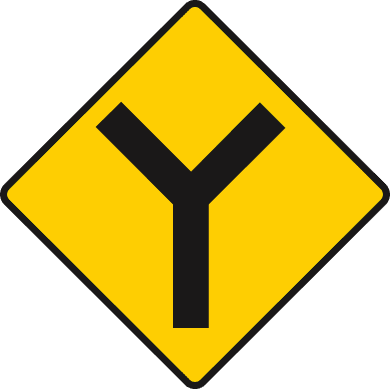 Road sign: Y-junction ahead with roads of equal importance