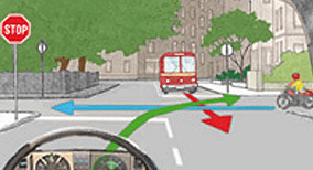 Driving theory illustration: The driver intends to turn right at this junction - what should the driver do