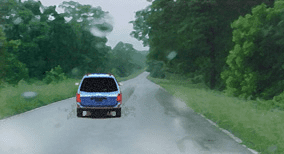 Driving theory illustration: After a heavy downpour; why should a driver keep a greater distance from the…