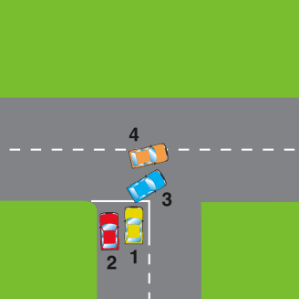 Driving theory illustration: Which vehicle is in the correct position to make a right turn from a minor road…