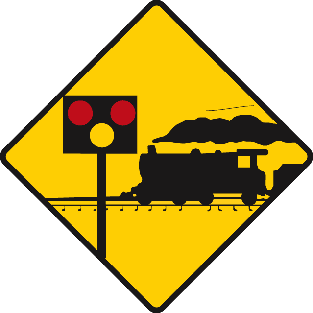 Road sign: Level crossing ahead protected by lights and barriers