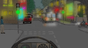 Driving theory illustration: What should a driver be aware of when driving at night along a shopping street…