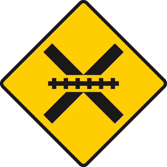 Road sign: Level crossing ahead unguarded by gates or barriers