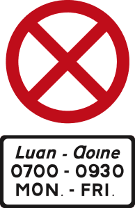 Road sign: Clearway - no stopping or parking during the times shown