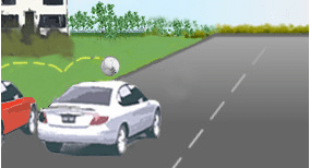 Driving theory illustration: The silver car is overtaking the parked red car; what should the driver do in…