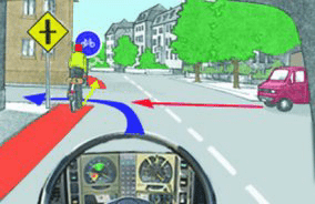 Driving theory illustration: The driver intends to turn left at this junction - what should the driver do