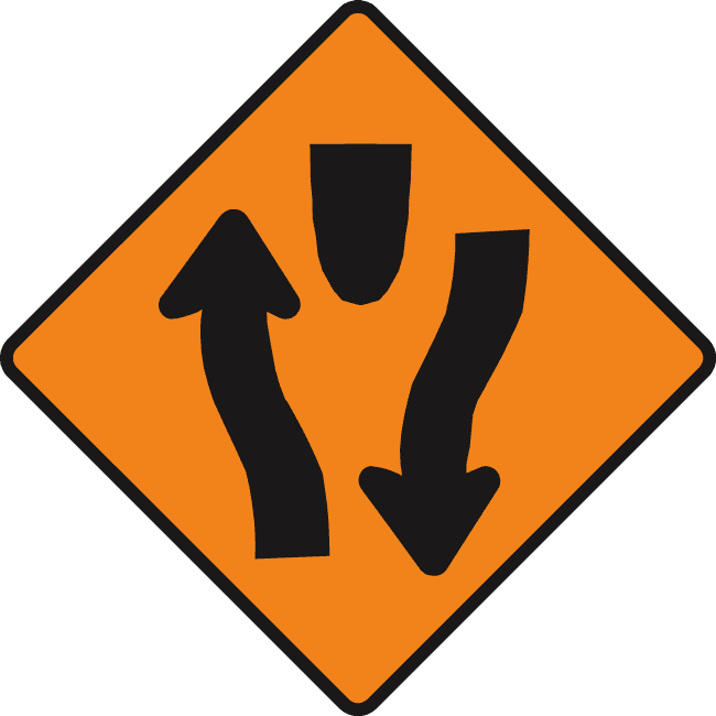 Road sign: Start of central reserve or obstruction