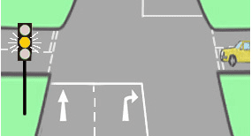 Driving theory illustration: What should a driver do when approaching traffic lights that change from green…