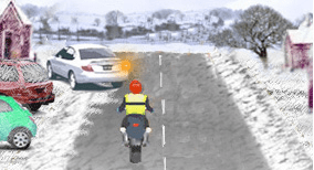 Driving theory illustration: What should a driver be aware of when following the motorcyclist; and the white…