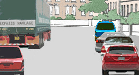 Driving theory illustration: When driving on this one-way street with vehicles parked on both sides; what…