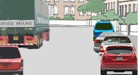 Driving theory illustration: When driving on this one-way street with vehicles parked on both sides; what…