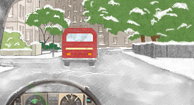 Driving theory illustration: What should the driver allow for when following the bus on an icy road