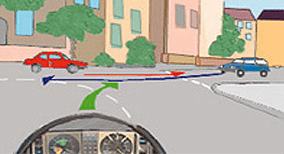 Driving theory illustration: What should a driver do when turning right at this junction