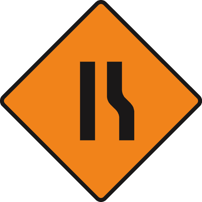 Road sign: Road narrows from right