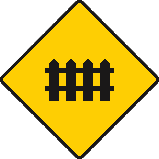 Road sign: Level crossing ahead guarded by gates or barriers