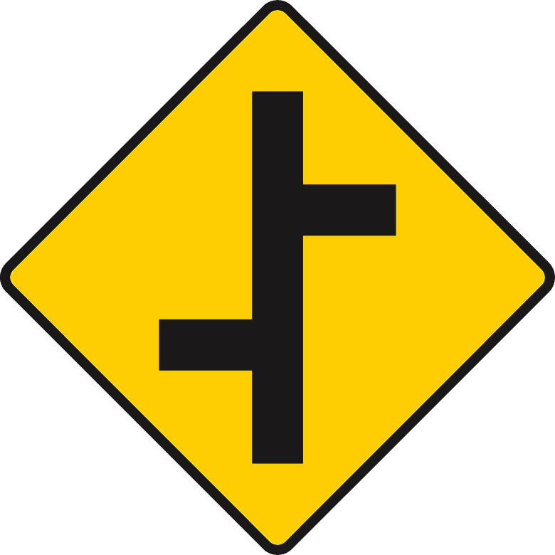 Road sign: Staggered crossroads ahead with roads of equal importance