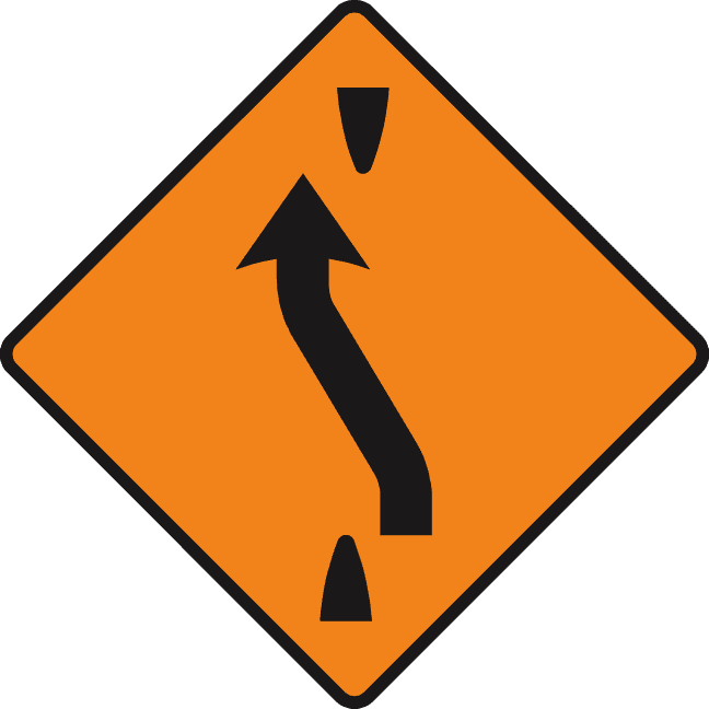 Road sign: Traffic should cross back to the left-hand lane ahead