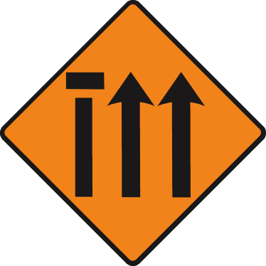 Road sign: Nearside lane of three closed