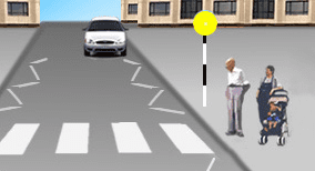 Driving theory illustration: When approaching the pedestrian crossing; what should the driver do in this…