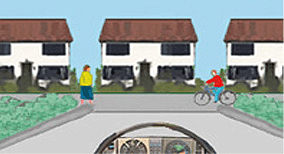 Driving theory illustration: A driver wants to pull out of a driveway and turn right onto the road. At the…
