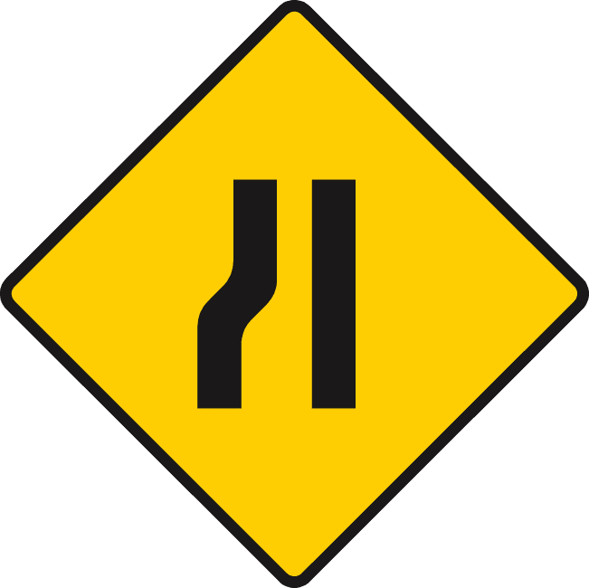Road sign: Road narrows on the left