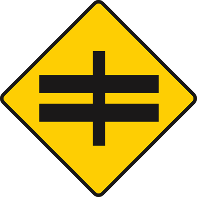 Road sign: Crossroads with dual carriageway ahead