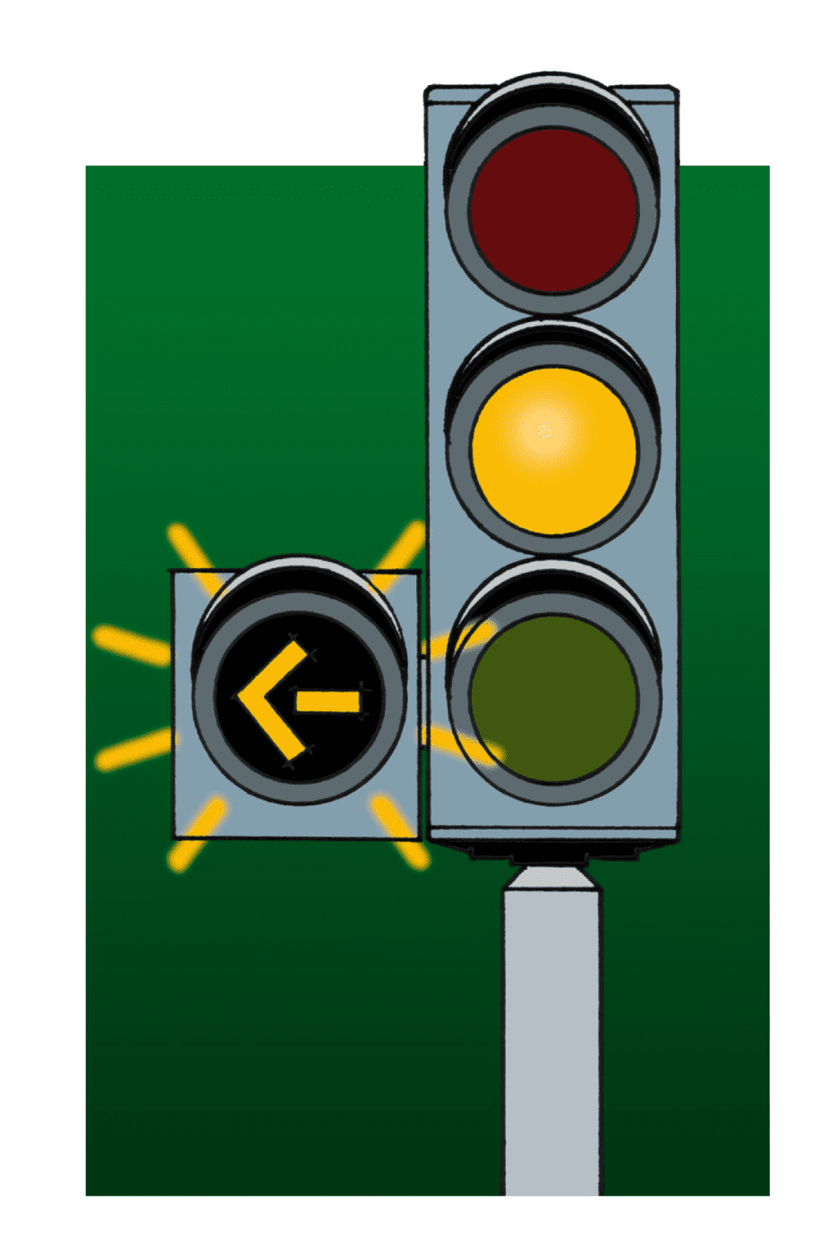 Driving theory illustration: What does a flashing amber arrow pointing left at a traffic light mean