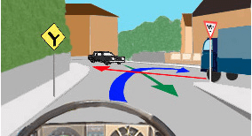 Driving theory illustration: When intending to turn right as shown; what should the car driver do