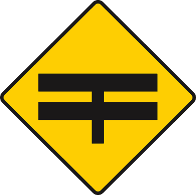 Road sign: T-junction with dual carriageway ahead